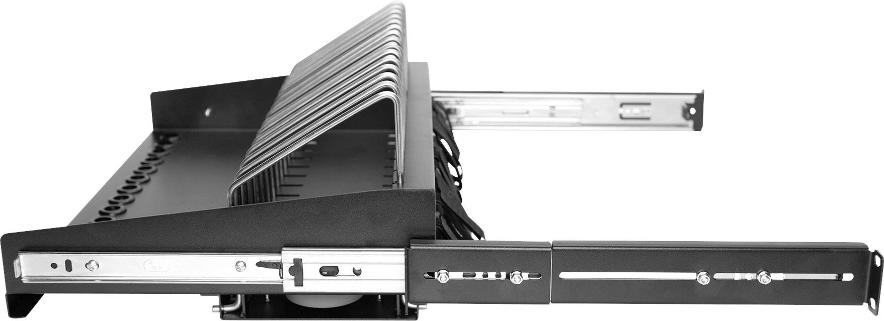 Uittrekbare lade voor 19-inch-rack, zijdelings weergegeven, met meerdere bevestigingen voor kabelorganisatie, volledig uitgetrokken.