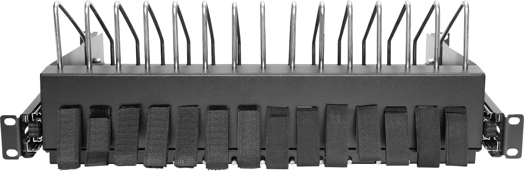 Een zwarte kabelbeheersrek-houder met verticale metalen beugels en klittenbandbanden, geschikt voor serverruimtes of netwerkkastjes.