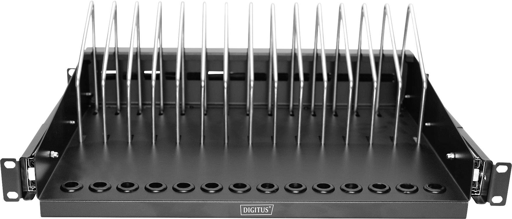 Organizer voor 19-inch rack, zwart, met metalen onderdelen voor kabelbeheer. Ideaal voor nette opslag van kabels of apparaten.