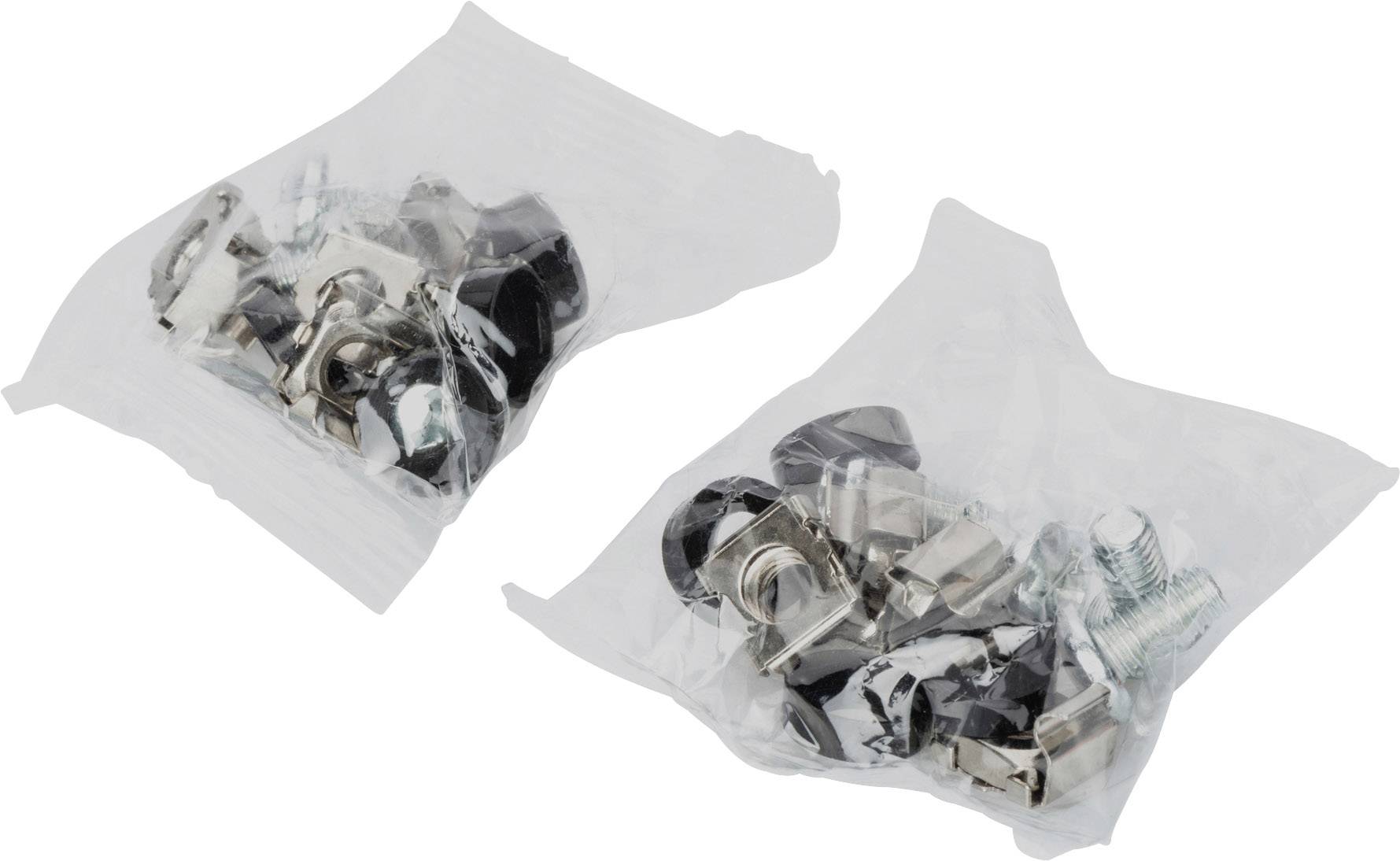 Twee doorzichtige plastic zakjes, elk gevuld met verschillende metalen moeren en bouten, op een witte achtergrond.