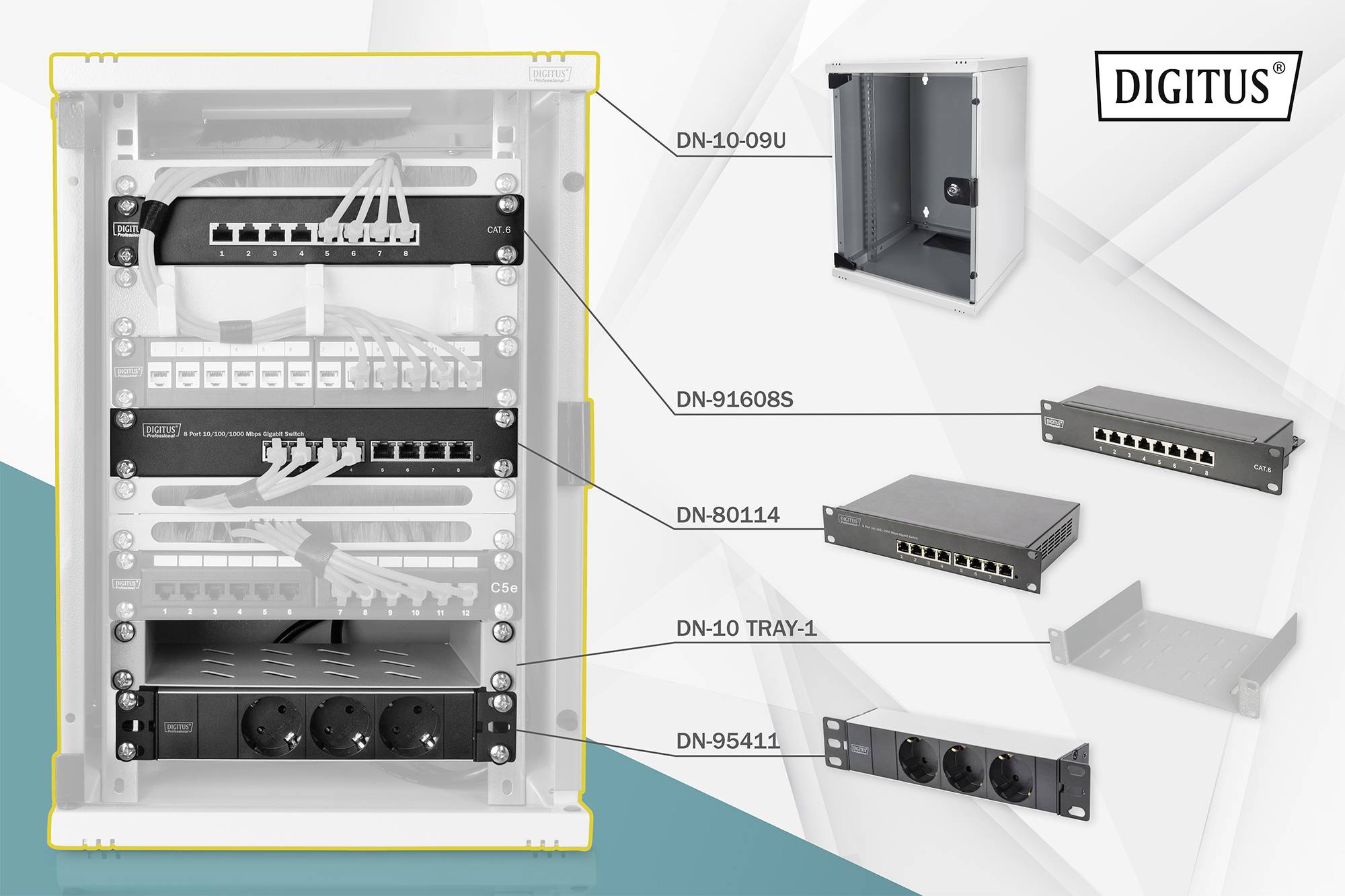 'Digitus' netwerkkast toont netwerk- en stroomverdeelcomponenten met modelnummers. Bekabeling en aansluitingsmogelijkheden gemarkeerd.