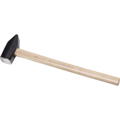 Een hamer met een zwart metalen hoofd en een lange houten steel ligt op een wit oppervlak.