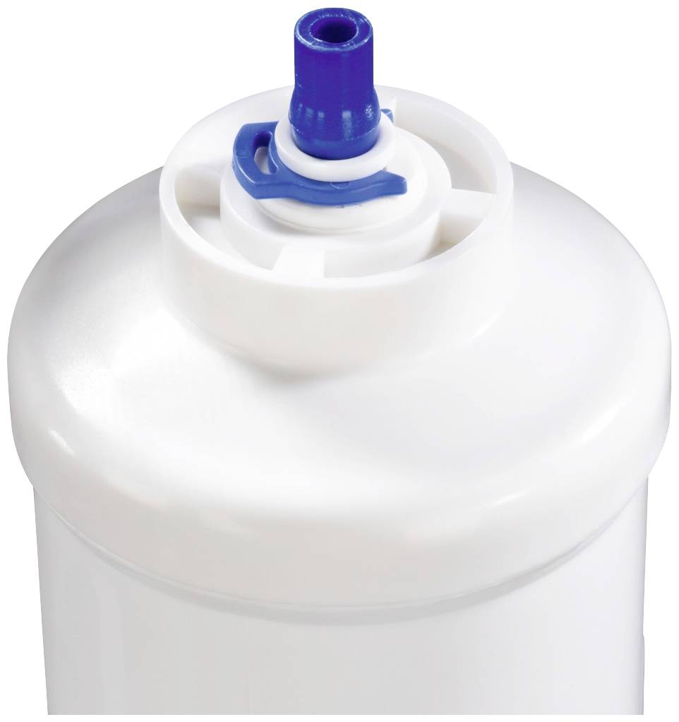 Een witte cilinder met een blauwe punt op een rond deksel, mogelijk een waterfilter.