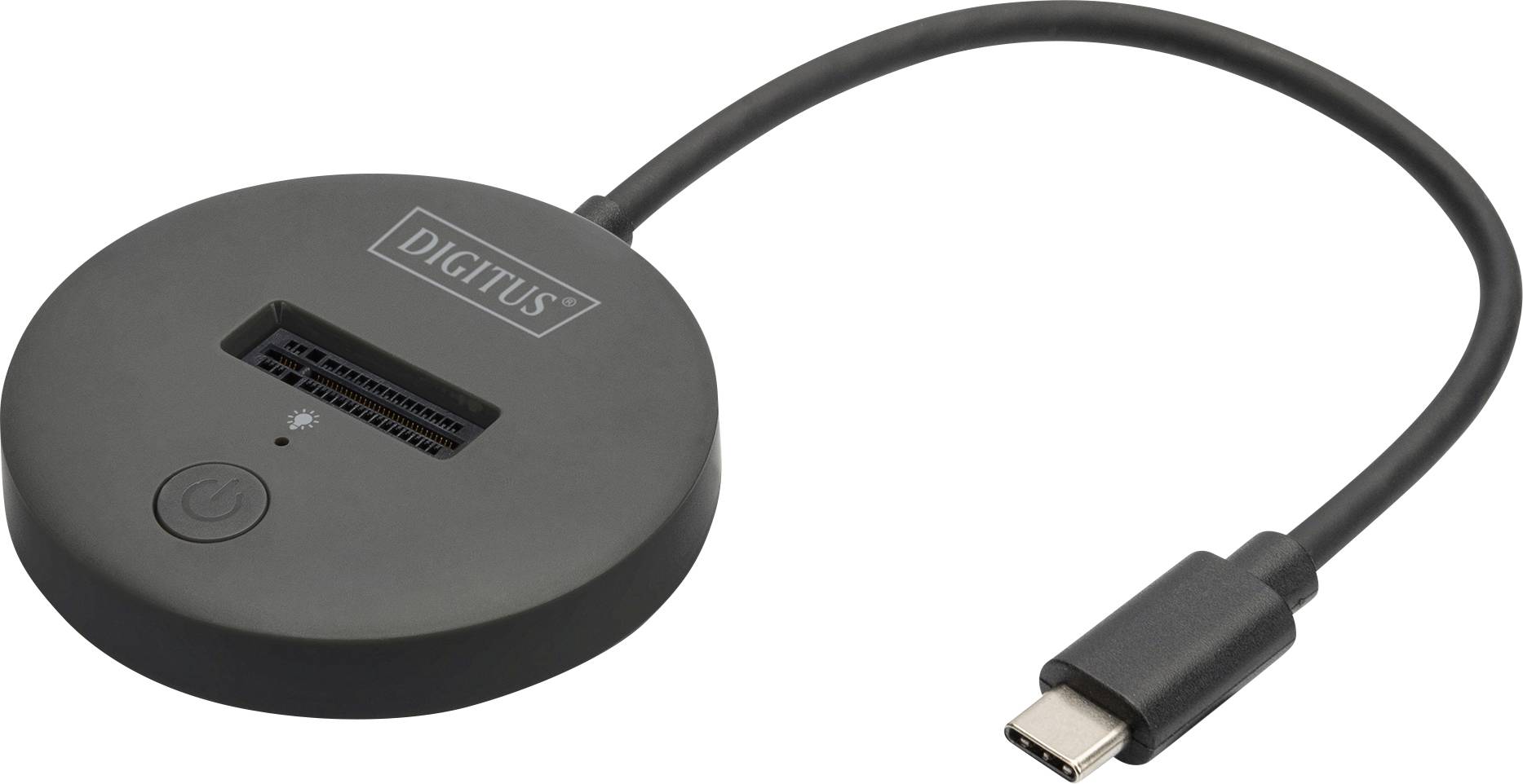 Externe kaartlezer in rond, zwart ontwerp met USB-C-aansluiting en SD-kaartsleuf, merk DIGITUS, op witte achtergrond.