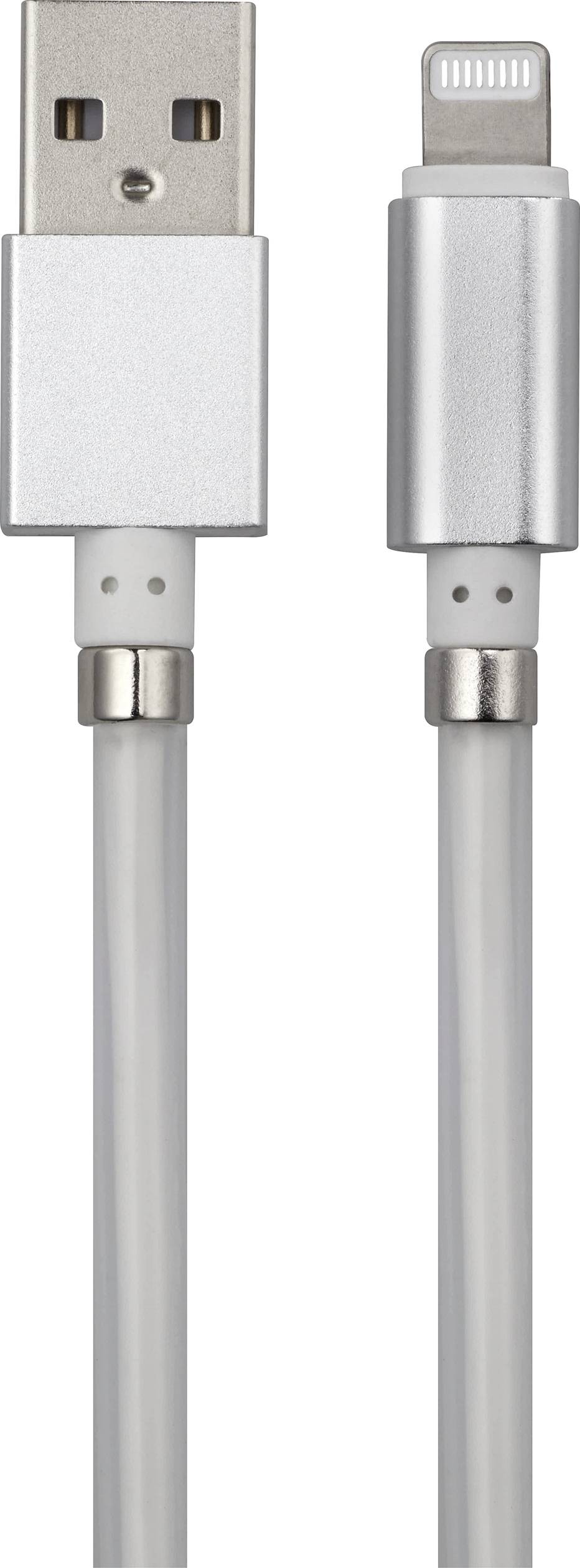 Een zilverkleurige USB-kabel met een USB-A- en een Lightning-aansluiting in verticale positie.
