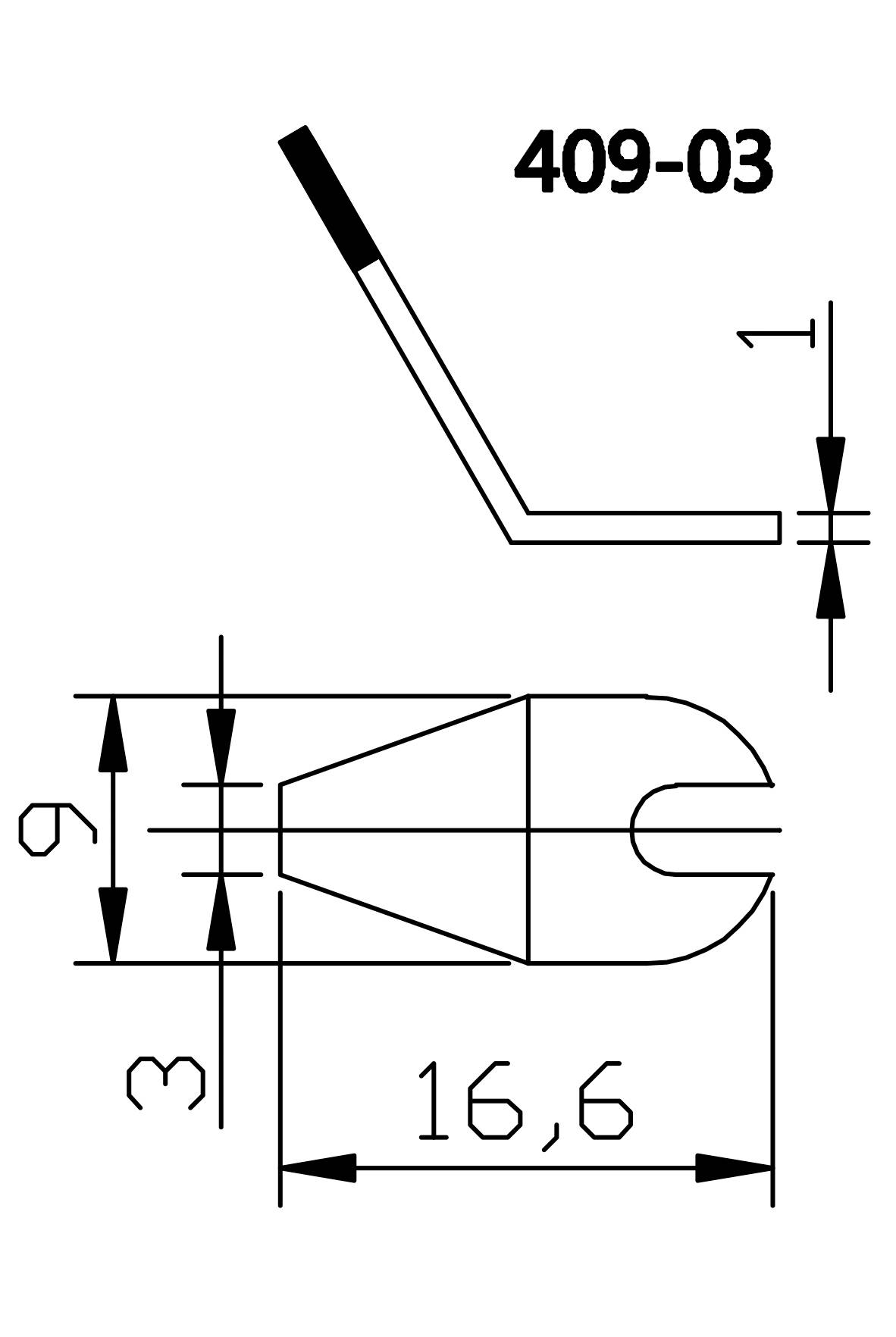 Technische tekening van een onderdeel met maatgegevens: Lengte 16,6, breedte 3 en 6. Onderdeelnummer rechtsboven: 409-03.