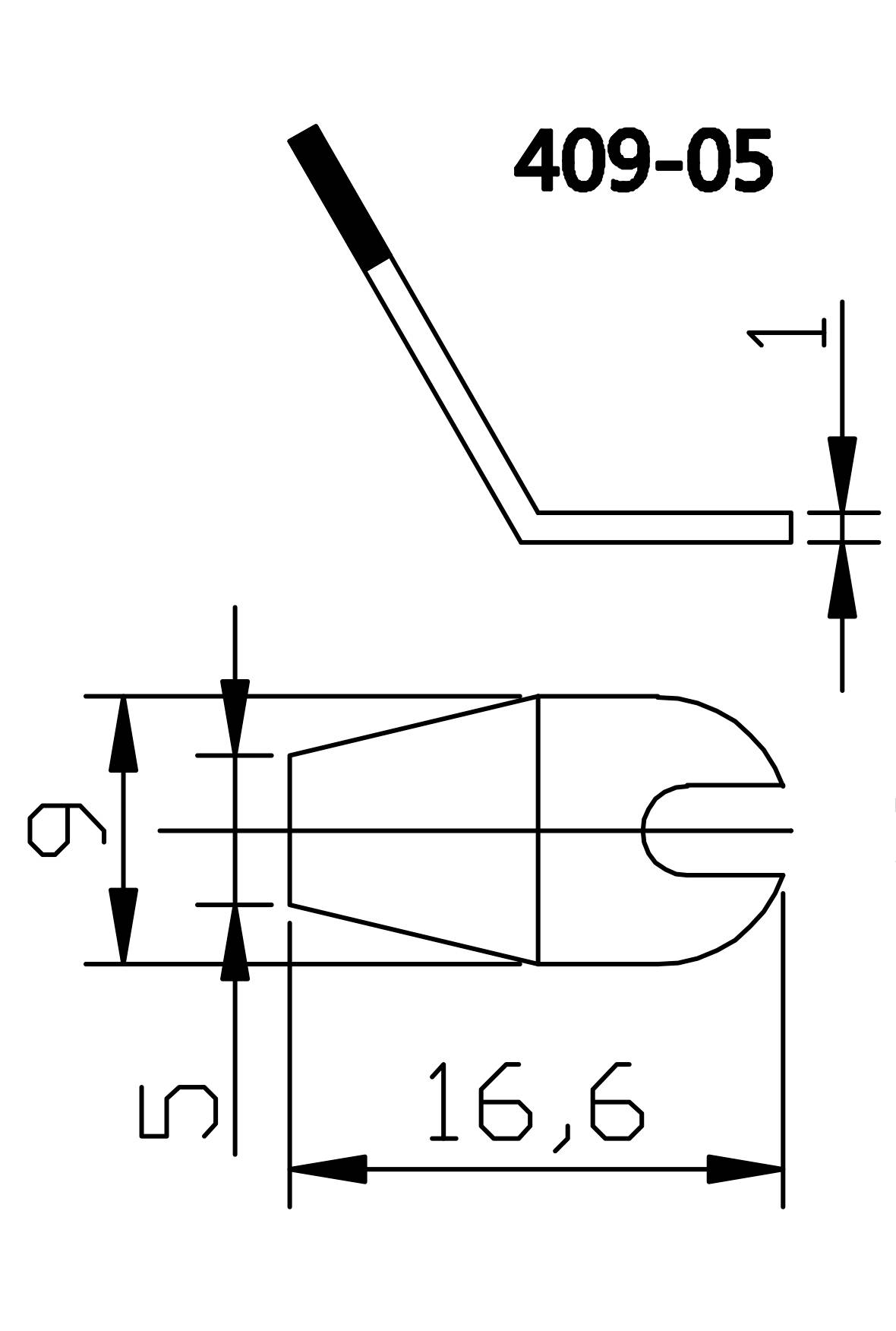 Technische tekening van een onderdeel met afmetingen: 16,6 lengte, 9 en 5 hoogten, onderdeelnummer '409-05'.