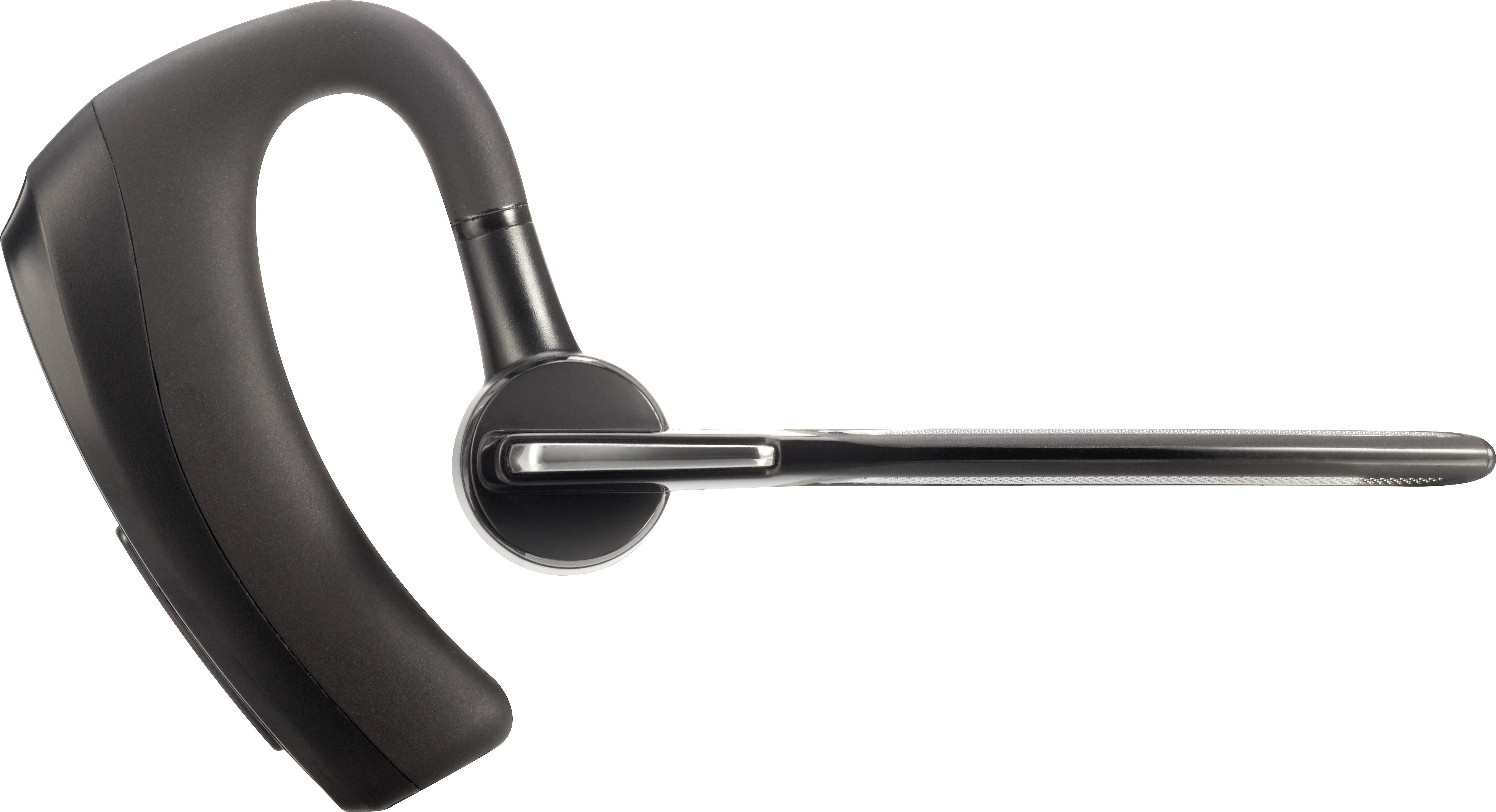 Zwart Bluetooth-headset met gebogen oorhaak en lange microfoonarm, zijaanzicht. Wordt vaak gebruikt voor handsfree bellen.