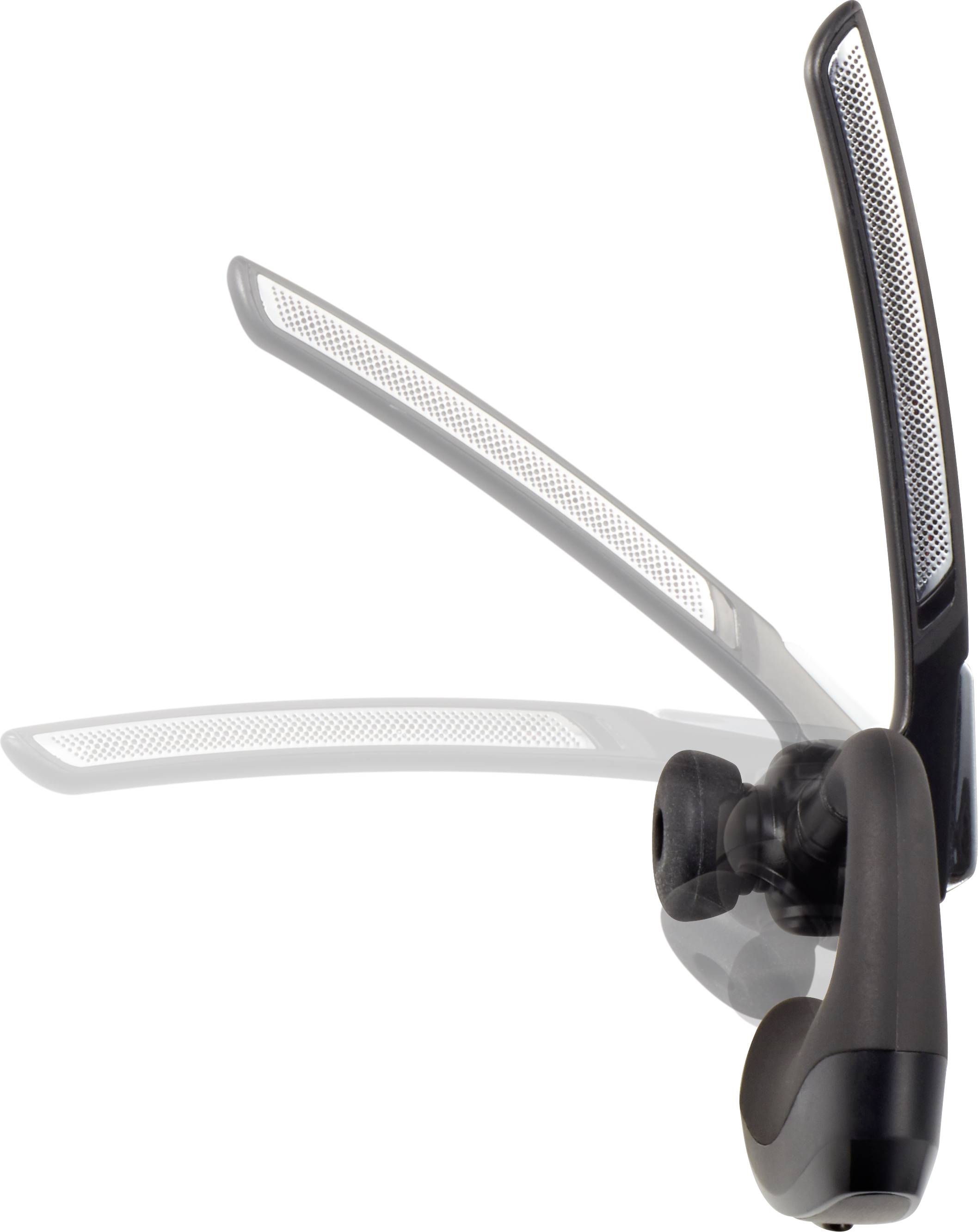 Een zwarte fietsachterlicht met neonkleurige, reflecterende vleugel-opzetstukken toont verschillende posities in beweging.