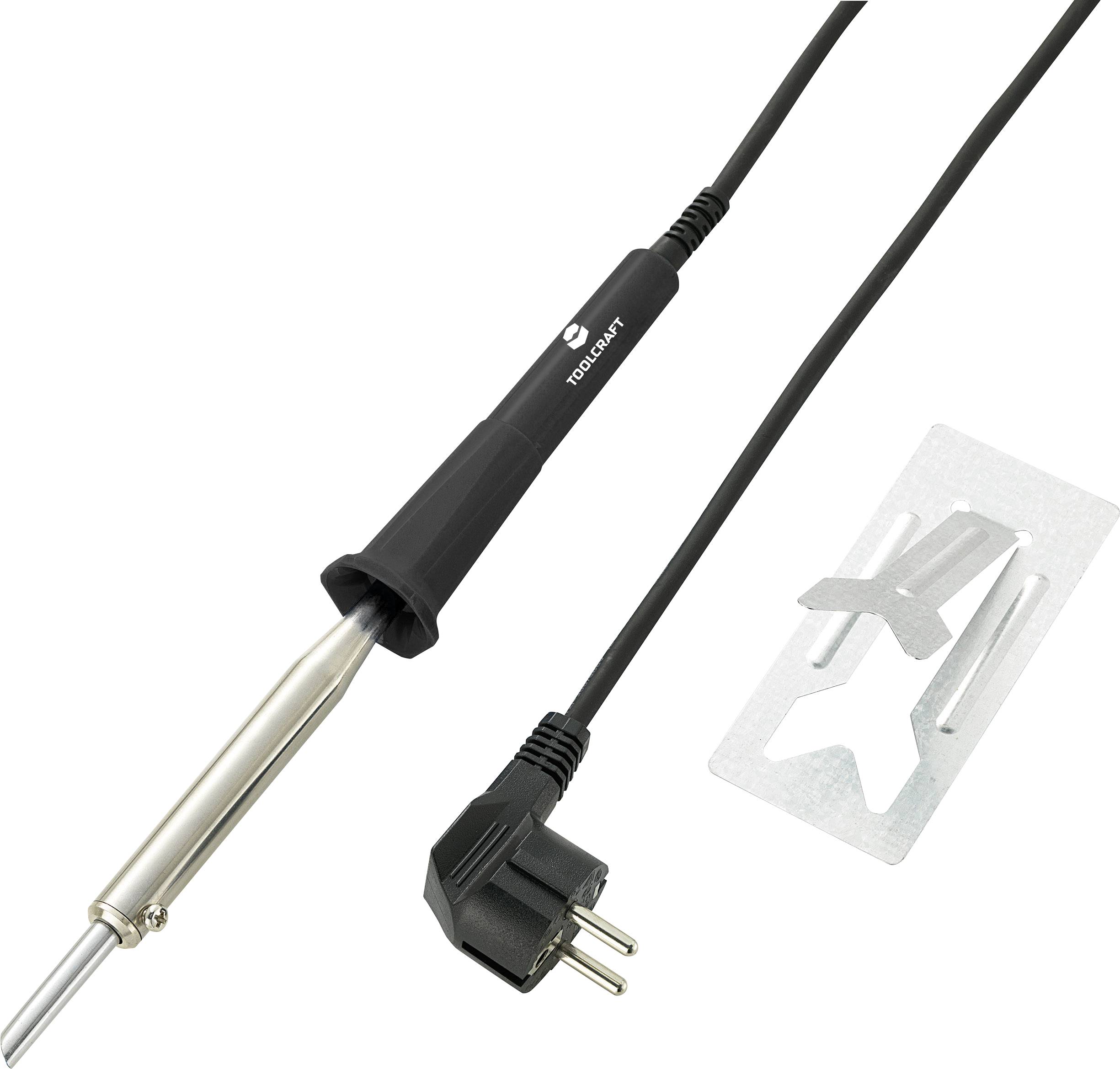 Soldeerbout met stroomkabel en stekker, naast een metalen standaard. Geschikt voor reparaties en elektrische werkzaamheden.