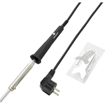 Soldeerbout met stroomkabel en stekker, naast een metalen standaard. Geschikt voor reparaties en elektrische werkzaamheden.