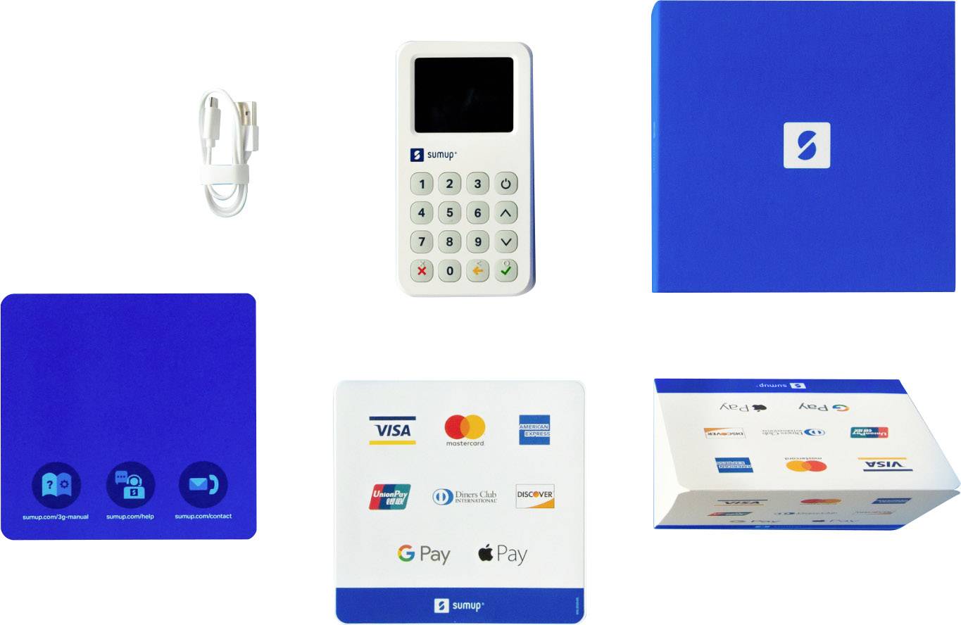 Kaartenterminal van SumUp met blauw design, oplader, en logo's van Visa, Mastercard, Google Pay en Apple Pay, symboliseert mobiel betalen.