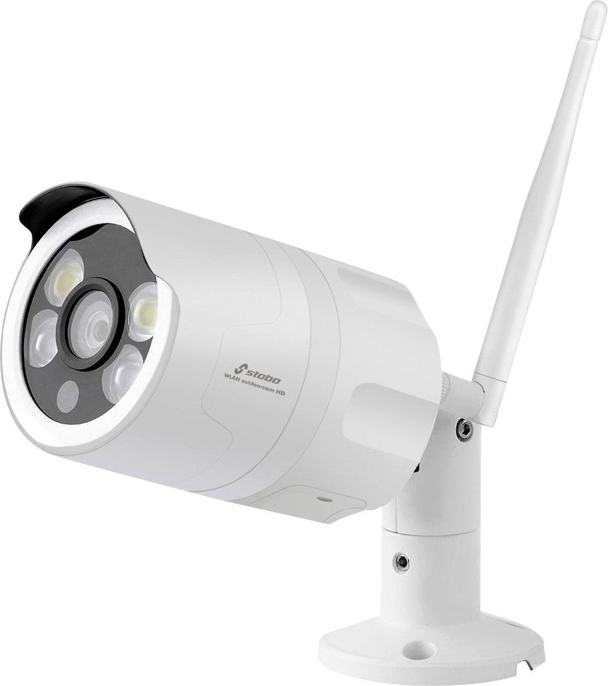 Een witte bewakingscamera met antenne, gemonteerd op een kantelbare voet, met vier LED-lampjes aan de voorkant.