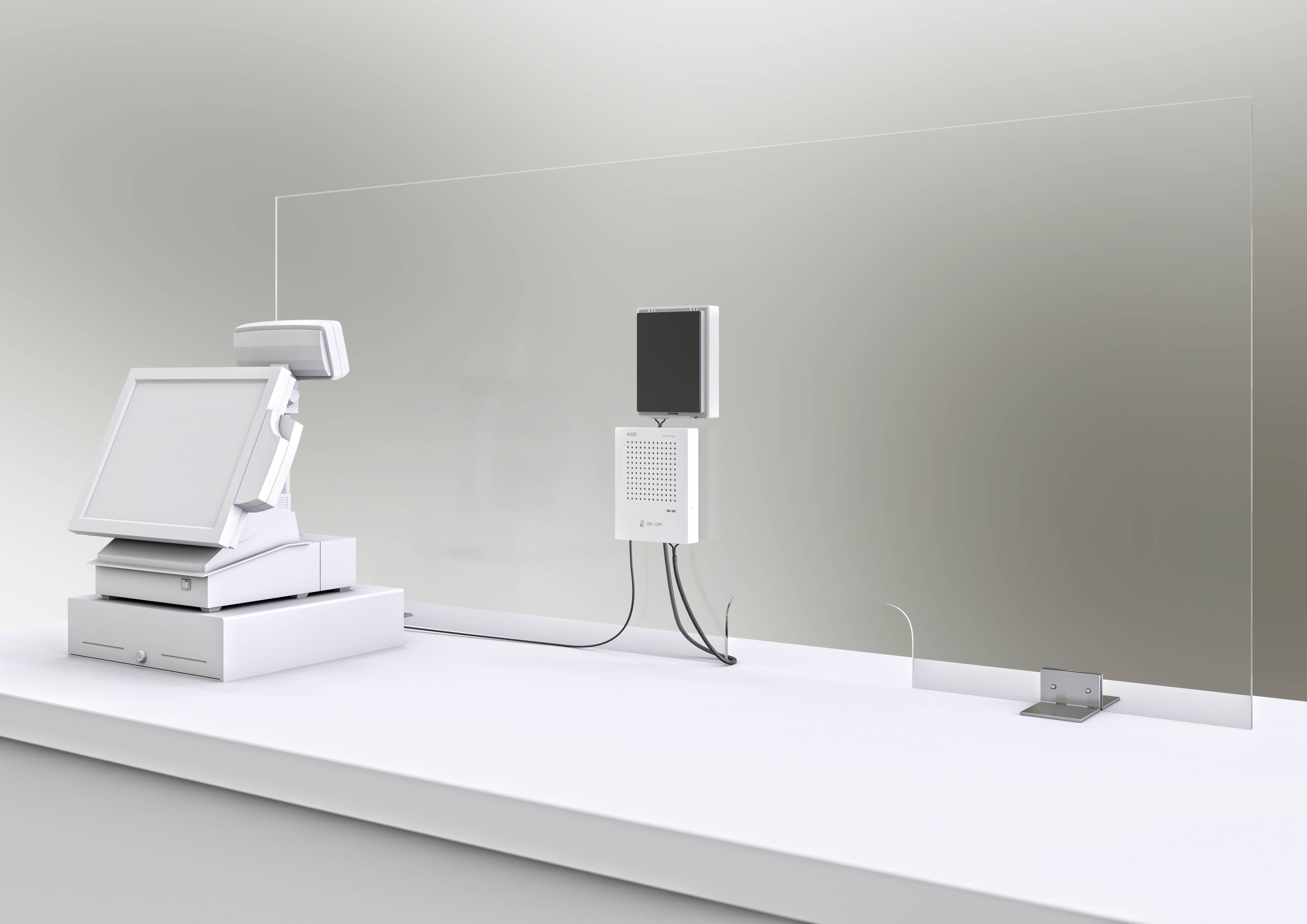 Kassa met beschermruit op een balie. Een scherm, betaalautomaat en transparante spatscherm zijn zichtbaar.