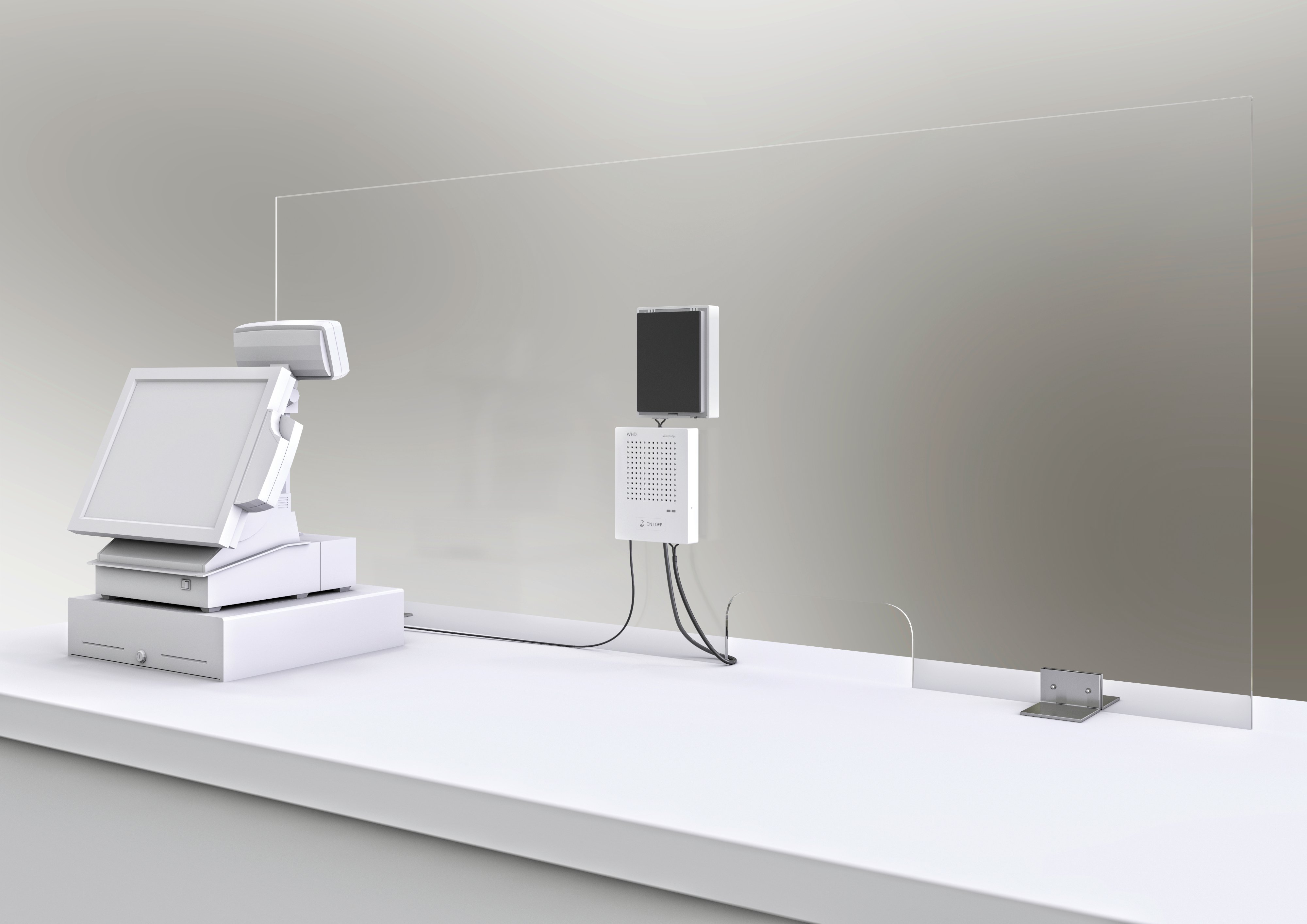 Kassa met beschermruit op een balie. Een scherm, betaalautomaat en transparante spatscherm zijn zichtbaar.