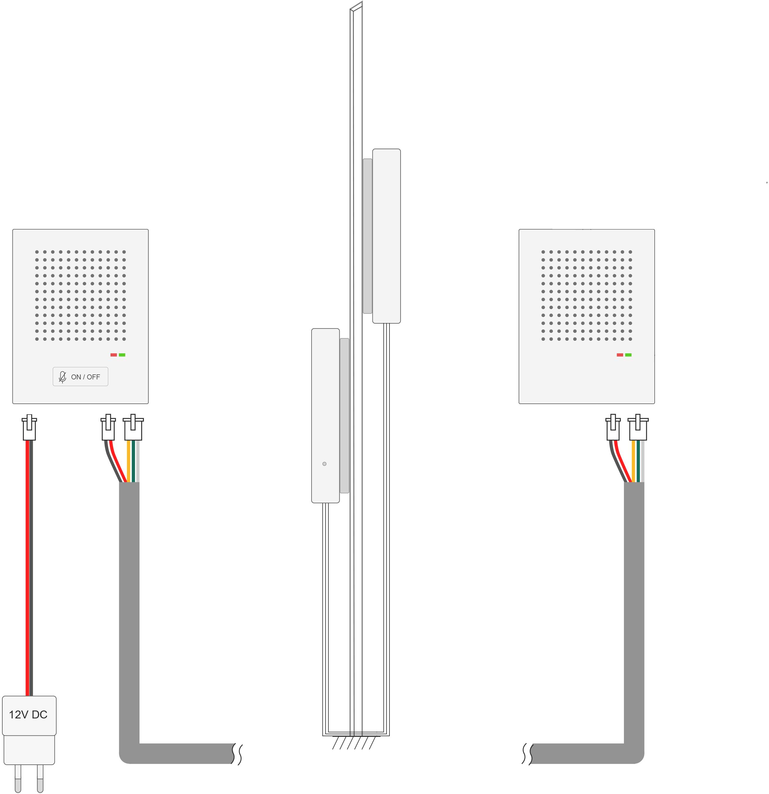 Weergave van de installatie van een deuropenersysteem: Twee modulaire eenheden, verbonden door kabels, met een schakelaar om in- en uit te schakelen.