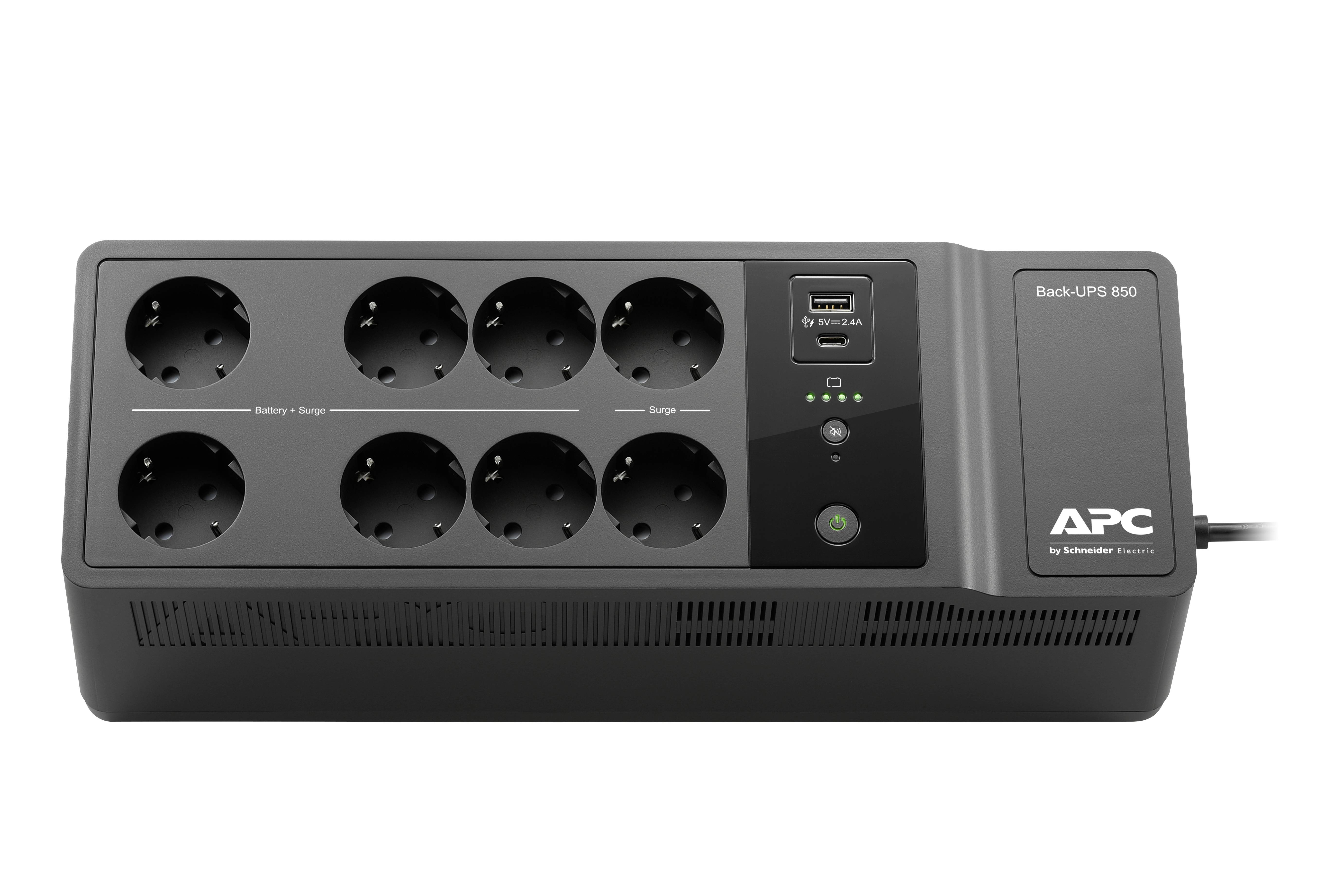 Een zwarte APC Back-UPS 650 met acht stopcontacten en USB-aansluiting. Hij dient als een ononderbroken stroomvoorziening ter beveiliging van apparaten.