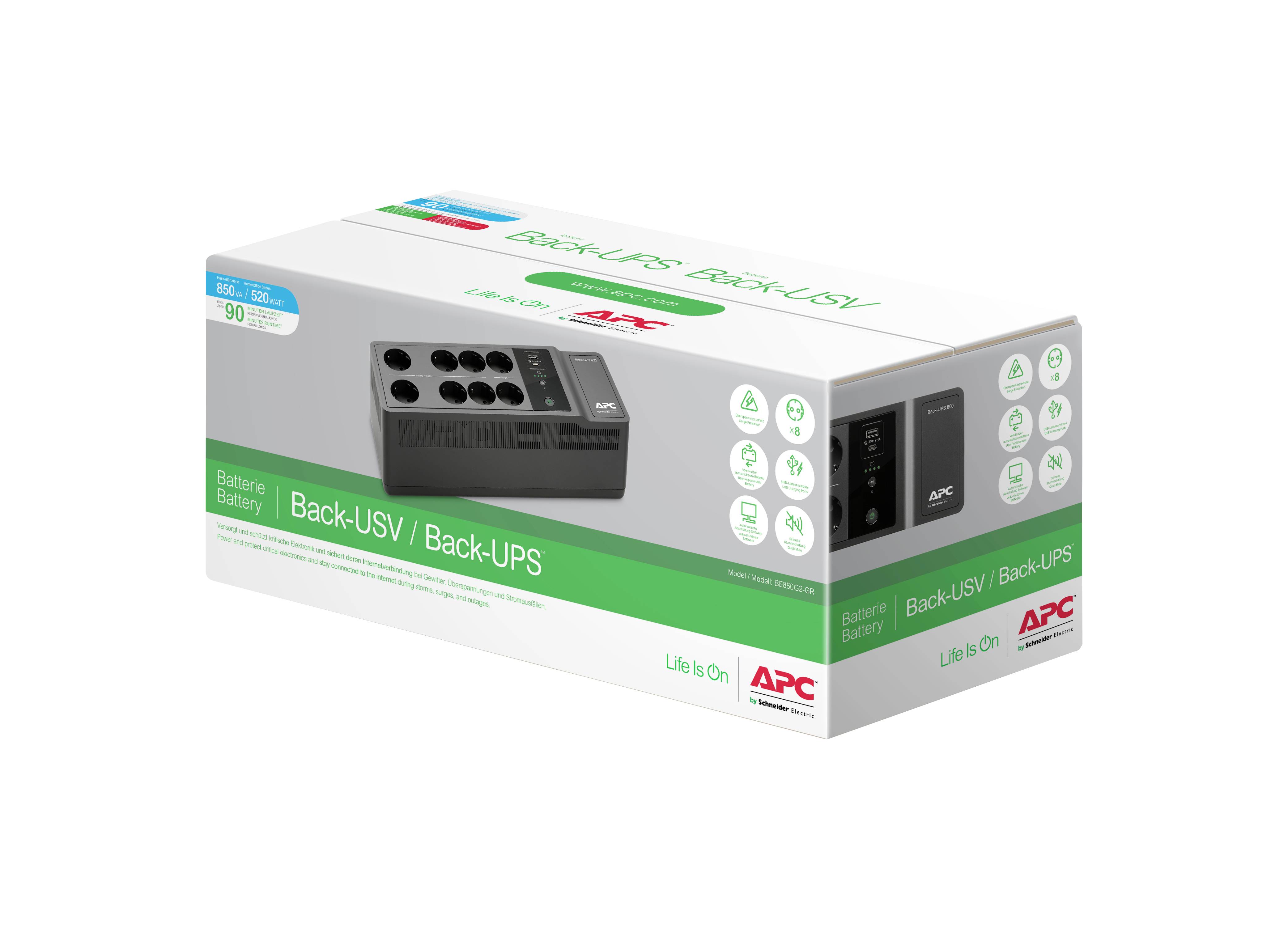 Een witte APC-verpakking voor een Back-UPS noodstroomvoeding. Toont de USV met meerdere stopcontacten aan de voorkant, groene pictogrammen en logo's.