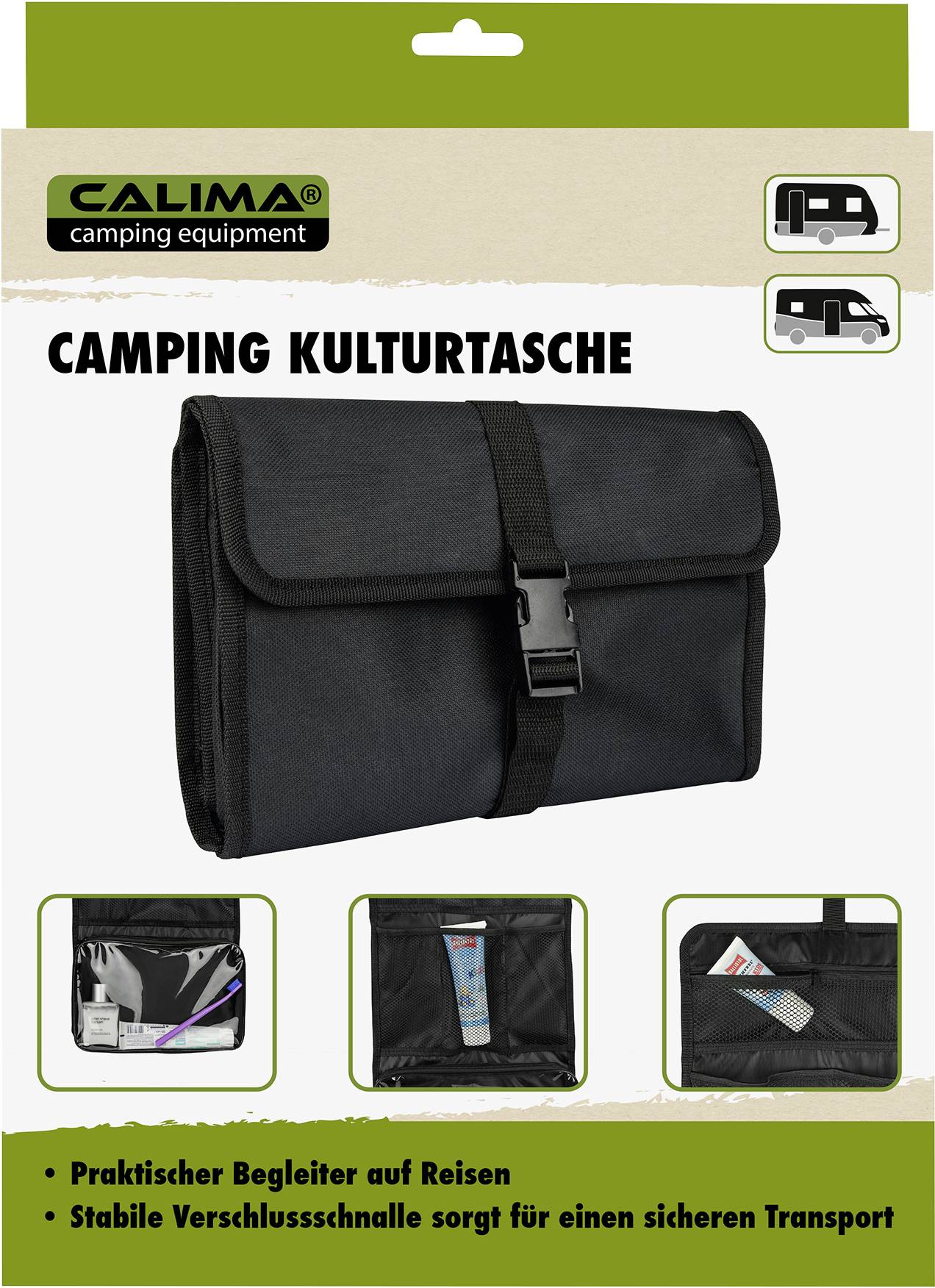 Camping-Cultuurtas in Zwart met Sluiting. 'Praktische reisgenoot. Stevige sluitgesp voor veilig transport.' Bevat afbeeldingen van binnenvakken.