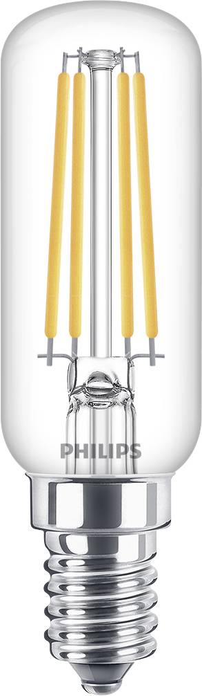 Een Philips LED-lamp in cilindrische vorm met filament-effect, geschikt voor E14-fitting, in een helder glazen behuizing.
