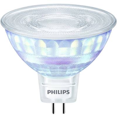 Een LED-lamp met een helder behuizing en een tweepolige voet. De naam van de fabrikant 'Philips' is zichtbaar op de voet. Energie-efficiënte verlichting.
