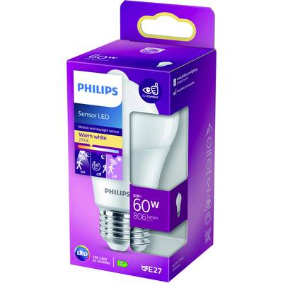 Een Philips sensor LED-lamp in een paarse verpakking. Energiezuinig, 806 lumen, warm wit licht, met bewegings- en daglicht sensor.