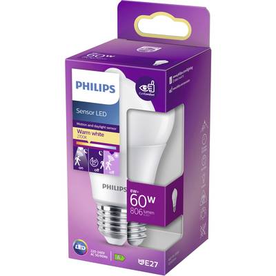 Een Philips Sensor LED-lamp met 8W vermogen, 806 lumen, warmwit licht en E27 fitting. Verpakking toont "EyeComfort" icoon.