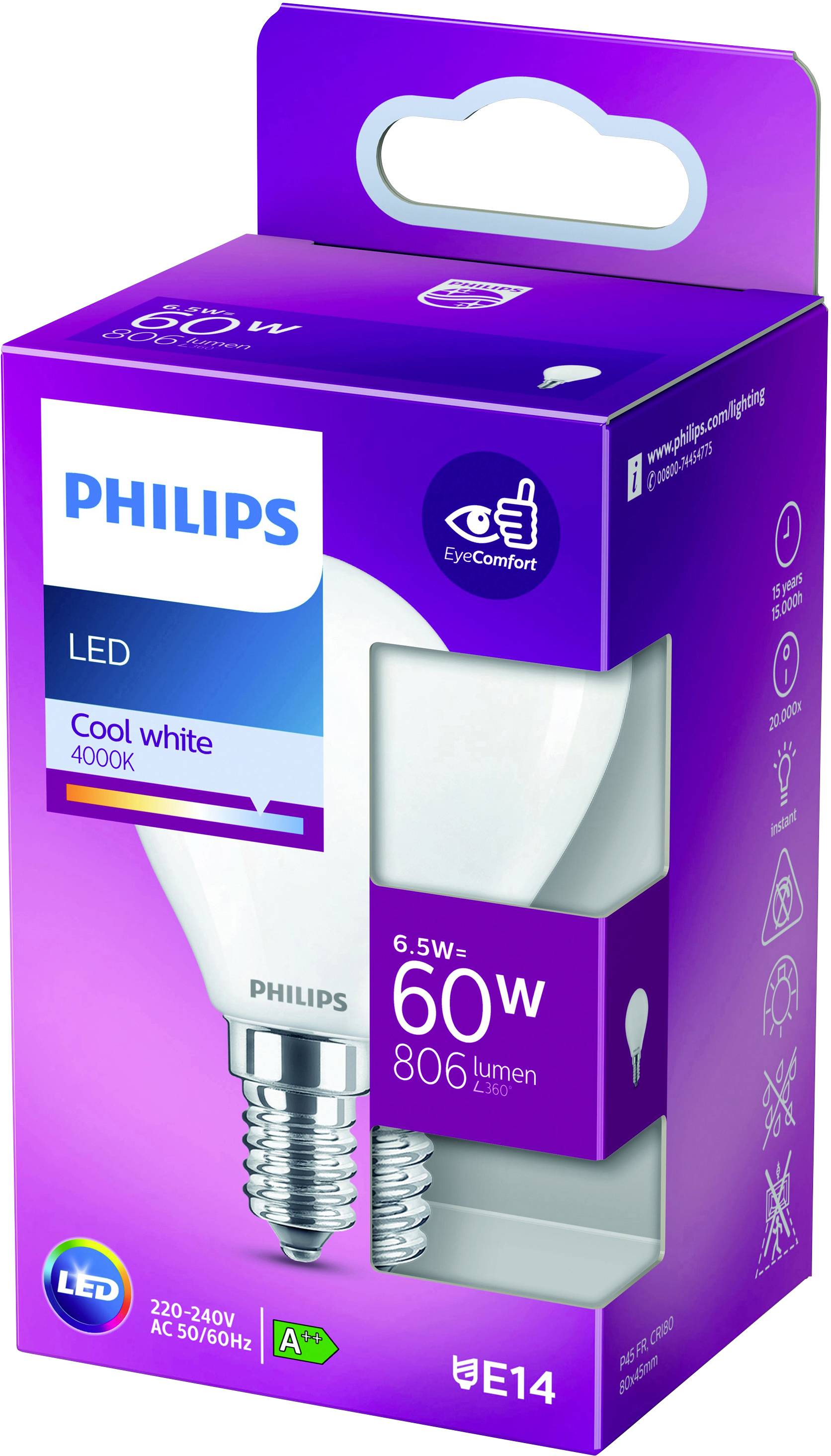 Verpakking van een Philips LED-lamp, E14, 6,5W, 60W-equivalent, 806 lumen, 4000K koel wit, energiezuinigheid A+ voor oogvriendelijkheid.
