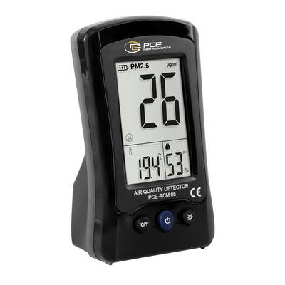 Draagbare luchtkwaliteitsmeter met PM2,5-niveau van 26 µg/m³, temperatuur van 19,4°C en vochtigheid van 53% op het display.