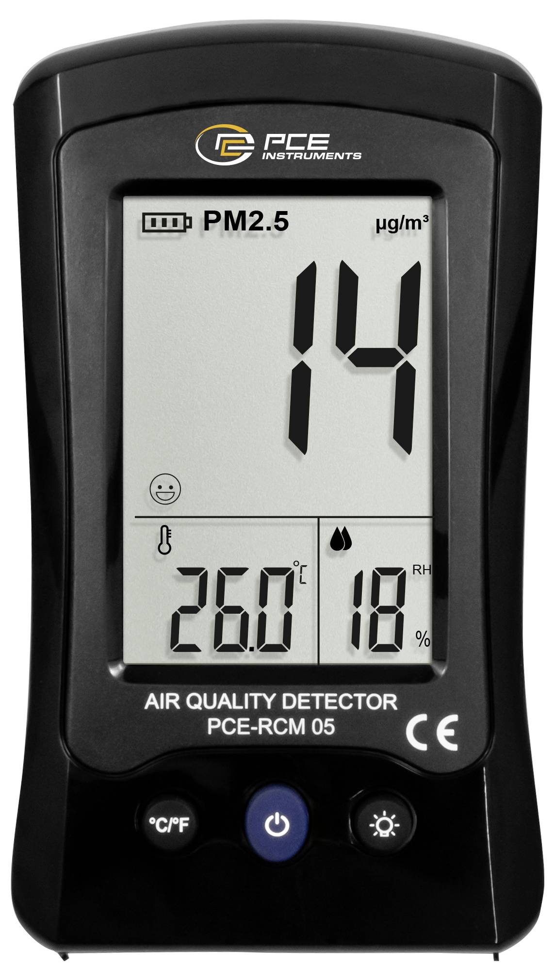 Digitaal luchtkwaliteitsdetector-display met PM2.5 op 14 µg/m³, temperatuur 26,0°C en luchtvochtigheid 18% RV.