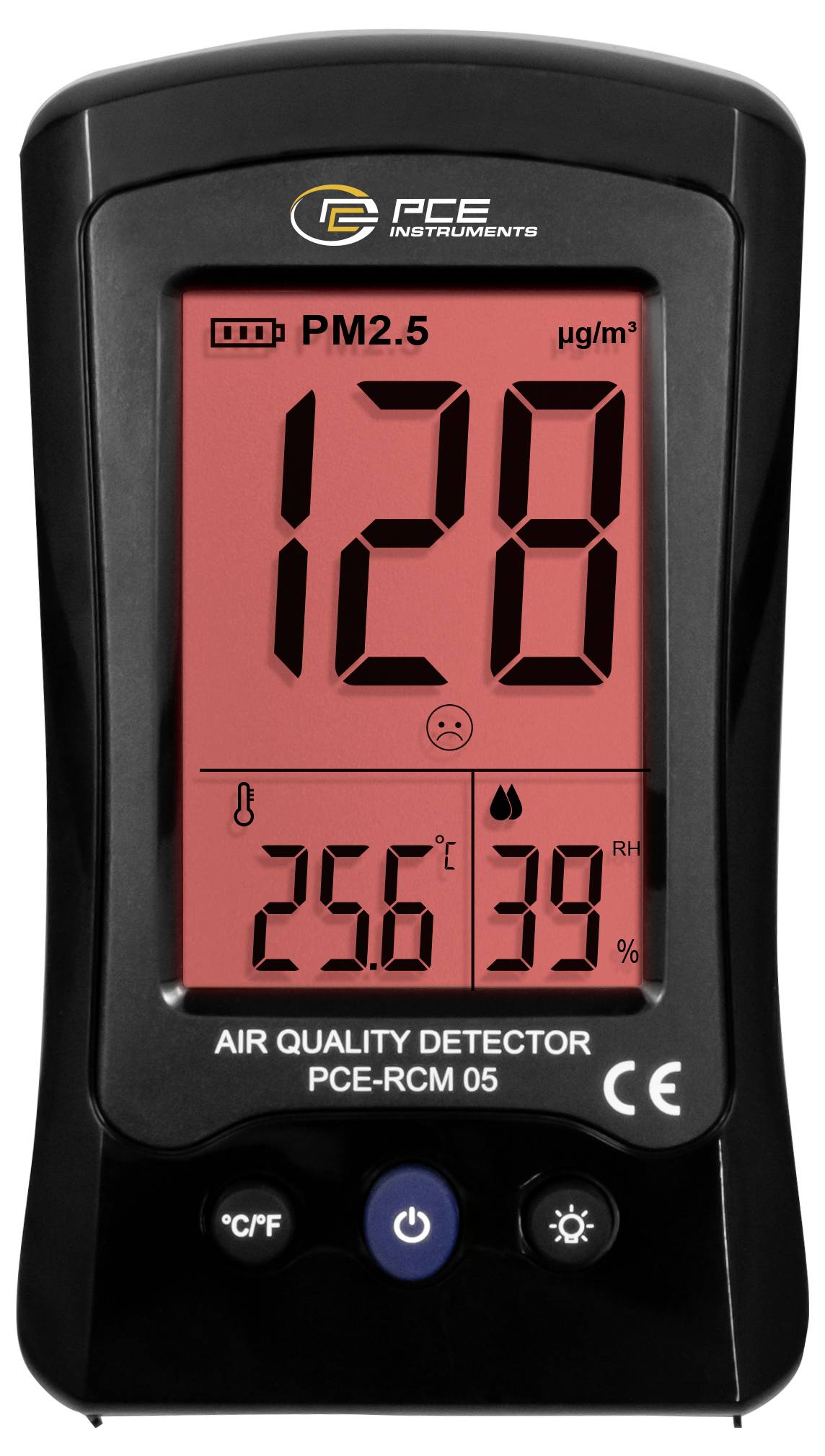 Draagbare luchtkwaliteitdetector scherm met PM2,5 van 128 µg/m³, temperatuur 25,6°C en luchtvochtigheid 39% RV, met een waarschuwingsgezichtpictogram.