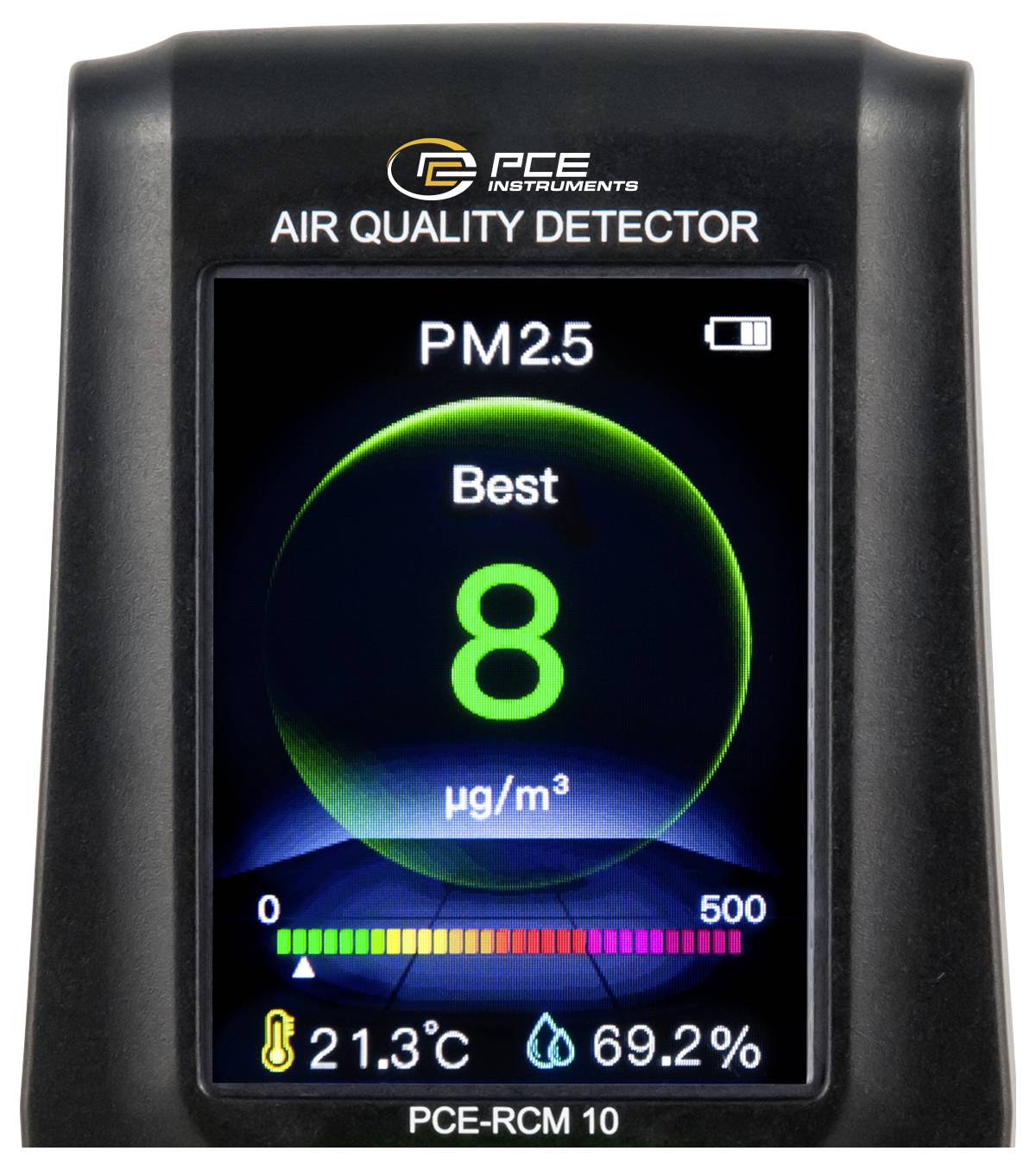 Luchtkwaliteitdetector display met PM2.5-niveau 'Uitstekend' 8 µg/m³, met temperatuur 21,3°C en luchtvochtigheid 69,2%.