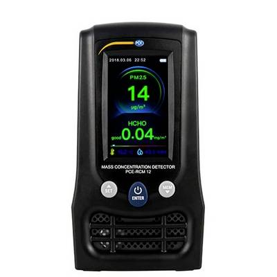 Draagbare luchtkwaliteitsmeter toont PM2,5 14 µg/m³ en HCHO 0,04 mg/m³ op een digitaal display, met bedieningsknoppen eronder.