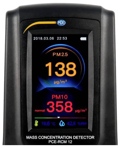 Handheld luchtkwaliteitsmeter-display met PM2.5 138 µg/m³ en PM10 358 µg/m³, wat zeer slechte luchtkwaliteit aangeeft.