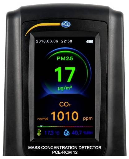 Draagbare luchtkwaliteitsmonitor geeft PM2,5 weer op 17 µg/m³ en CO2 op 1010 ppm, met datum/tijd- en temperatuur-vochtigheidsuitlezingen.