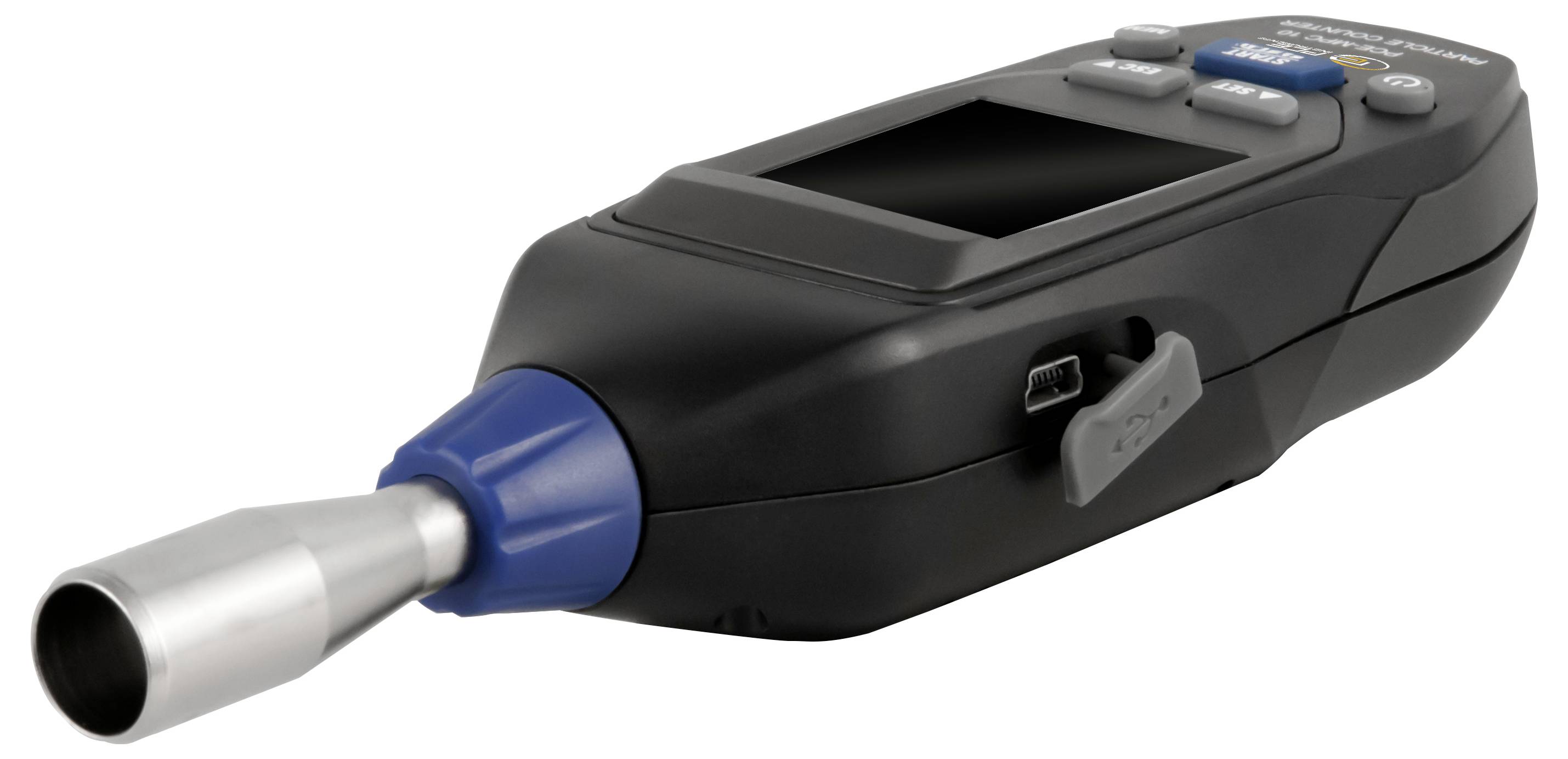 Handheld geluidsniveaumeter met een zilveren microfoonkegel en klein display, weergegeven op een witte achtergrond.