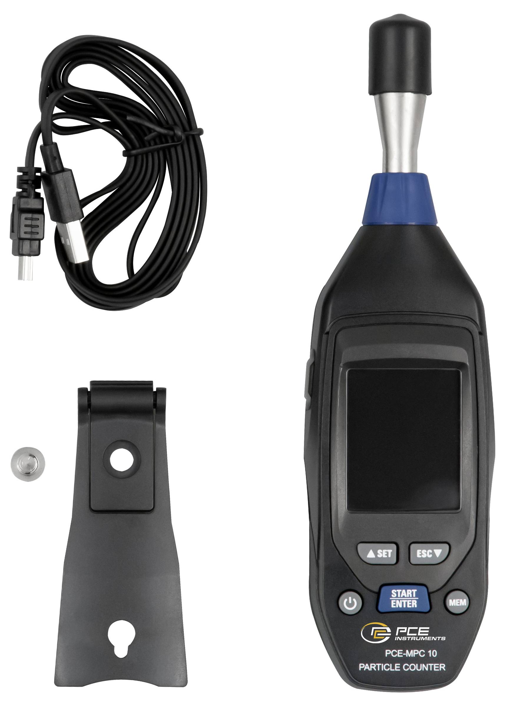 Handheld PCE-deeltjesteller met probe, kabel, wandmontagebeugel en schroef uitgelegd op een witte achtergrond.