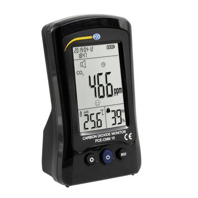 Draagbare kooldioxide-monitor die 466 ppm CO2, 25,6°C luchttemperatuur en 39% luchtvochtigheid op een digitaal scherm weergeeft.