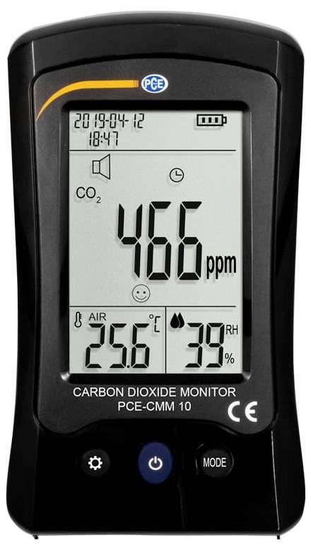 Draagbare kooldioxide monitor met weergave van CO2 op 466 ppm, luchttemperatuur 25,6°C en vochtigheid 39% RV.