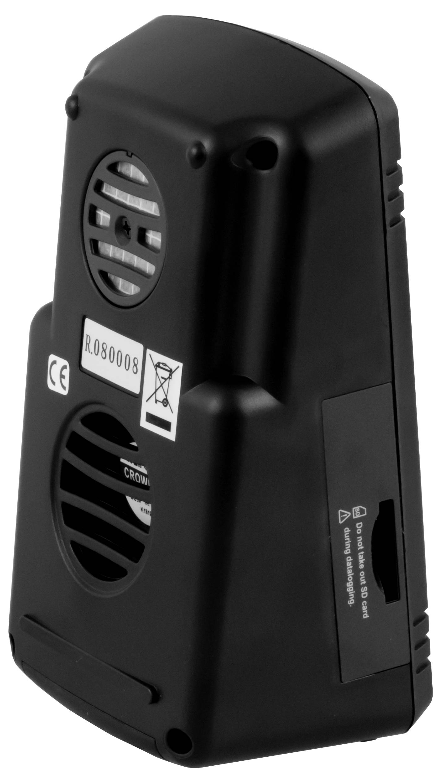 Zwarte elektronische apparatuuurbehuizing weergegeven van achteren, met ventilatiesleuven, schroefgaten en conformiteitsetiketten.