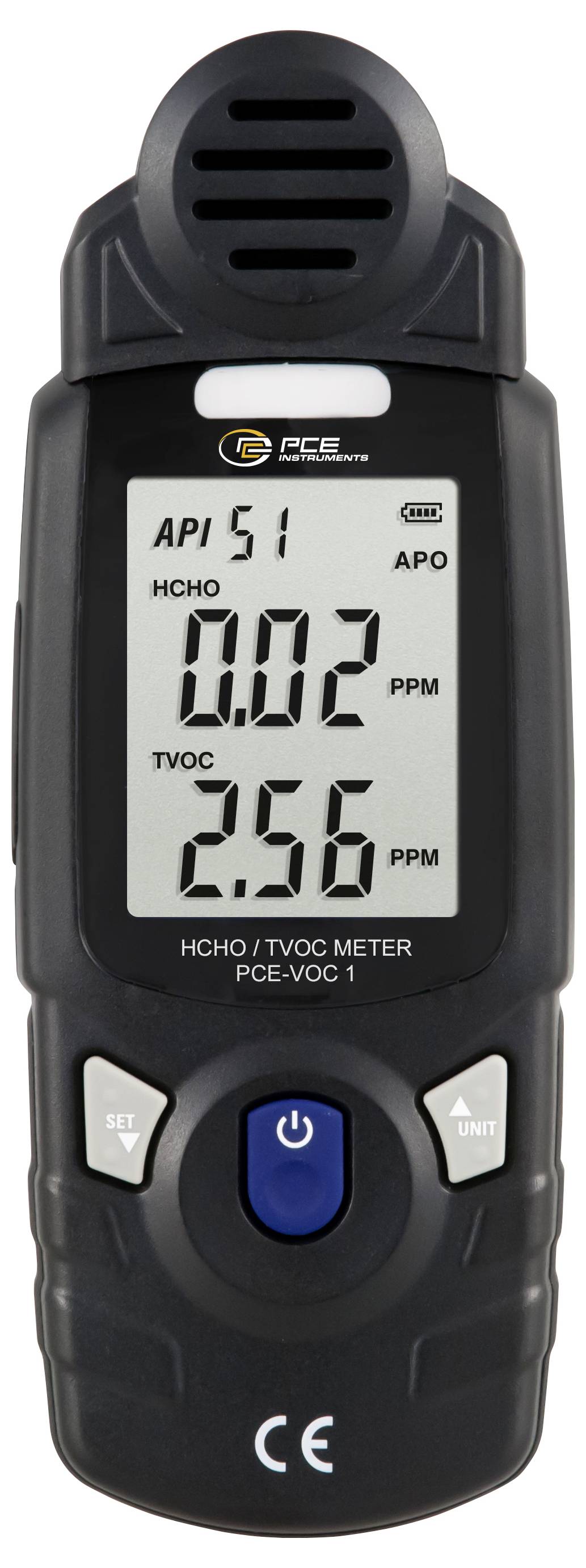 Draagbare PCE VOC 1 luchtkwaliteitsmeter die HCHO 0,02 ppm en TVOC 256 ppm op het digitale scherm weergeeft.