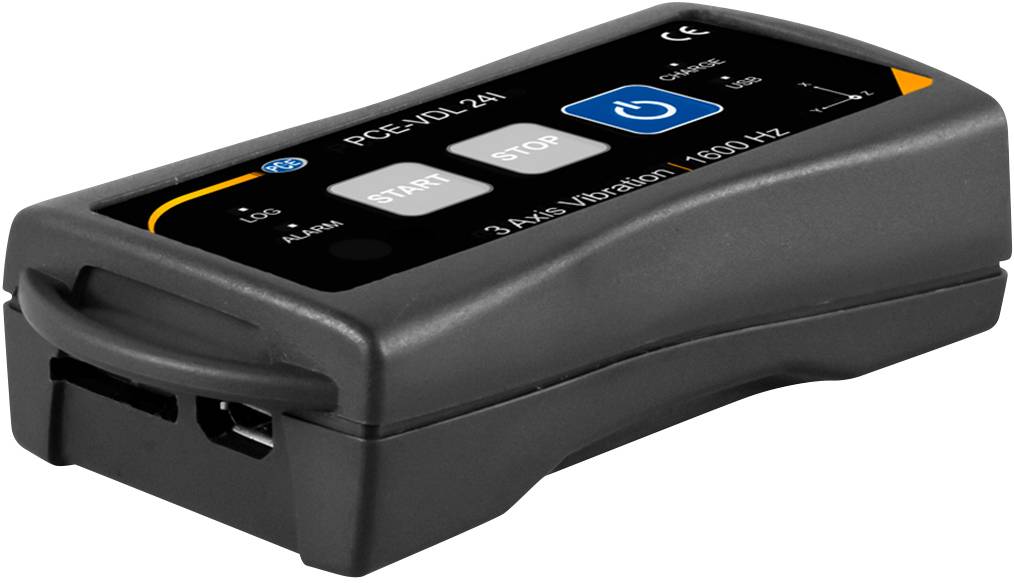 'Zwarte draagbare datalogger voor het meten van trillingen langs 3 assen. Display met knoppen voor Start, Stop en Aan/Uit. USB-aansluiting.'