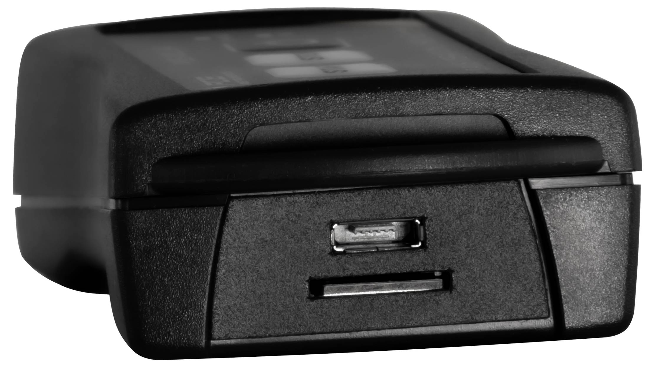 Zwarte draagbare oplader met één USB-poort en één smal oplaadslot aan de voorkant.