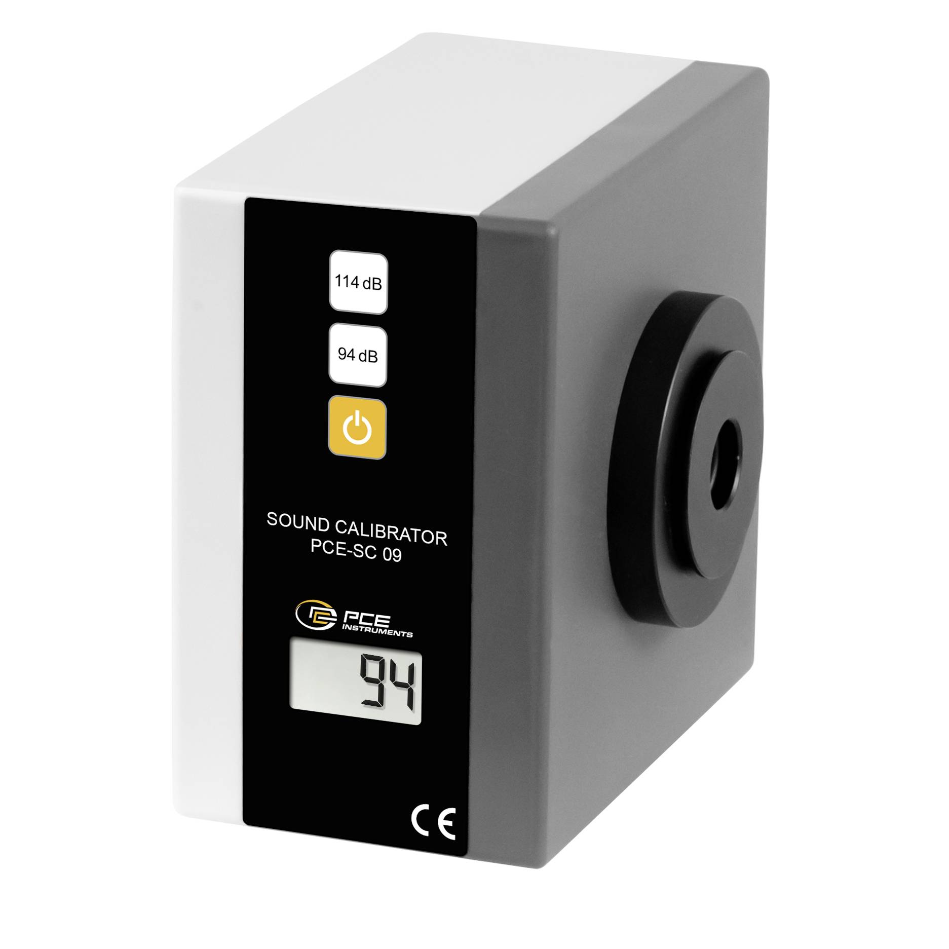Geluidskalibratorapparaat met 94 dB digitale weergave, 114/94 dB knoppen en zijdelingse microfoon opening.
