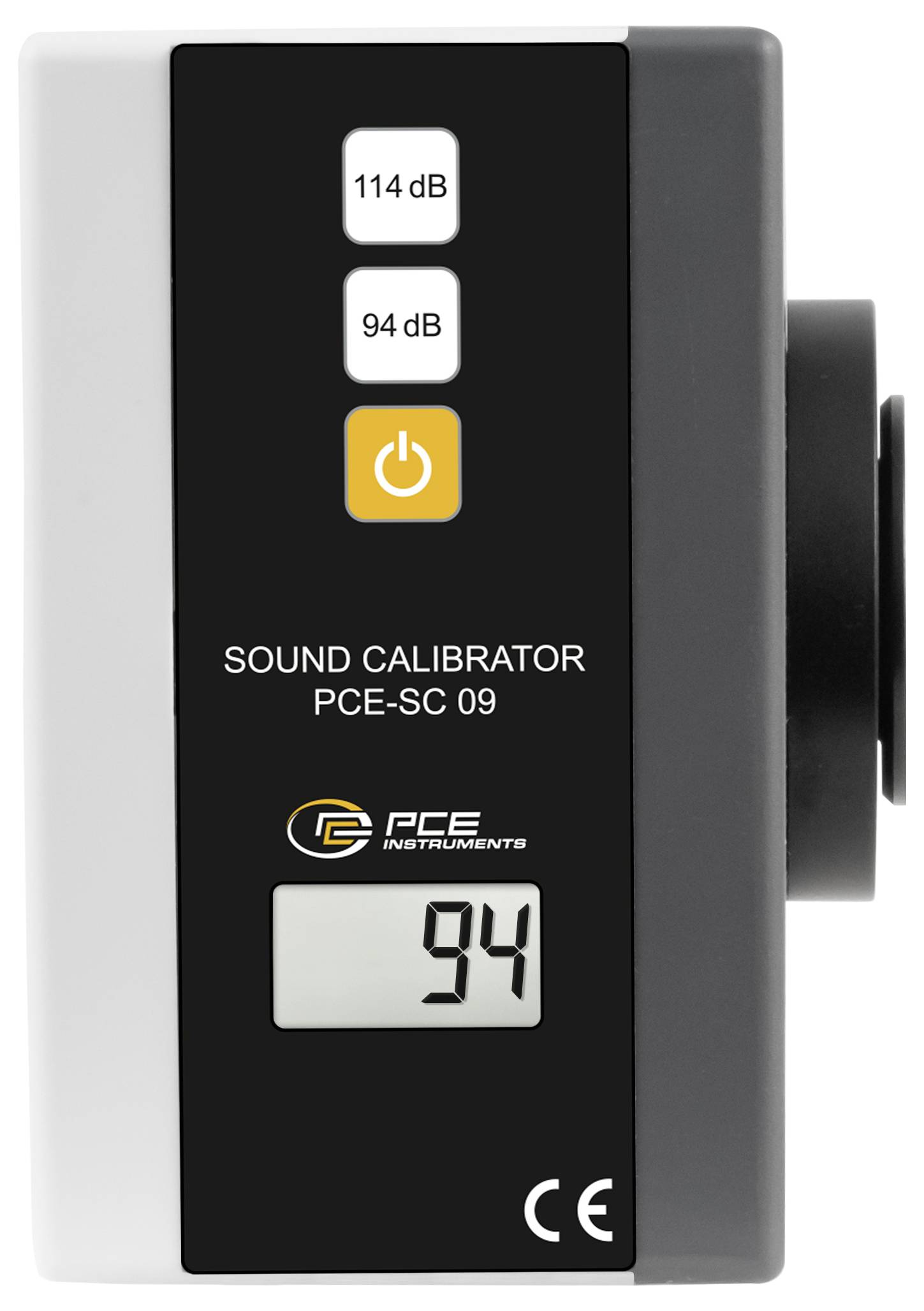 Vooraanzicht van een PCE-geluidscalibratie die 94 dB op het digitale display weergeeft, met 94 dB en 114 dB knoppen en een aan/uit-knop zichtbaar.