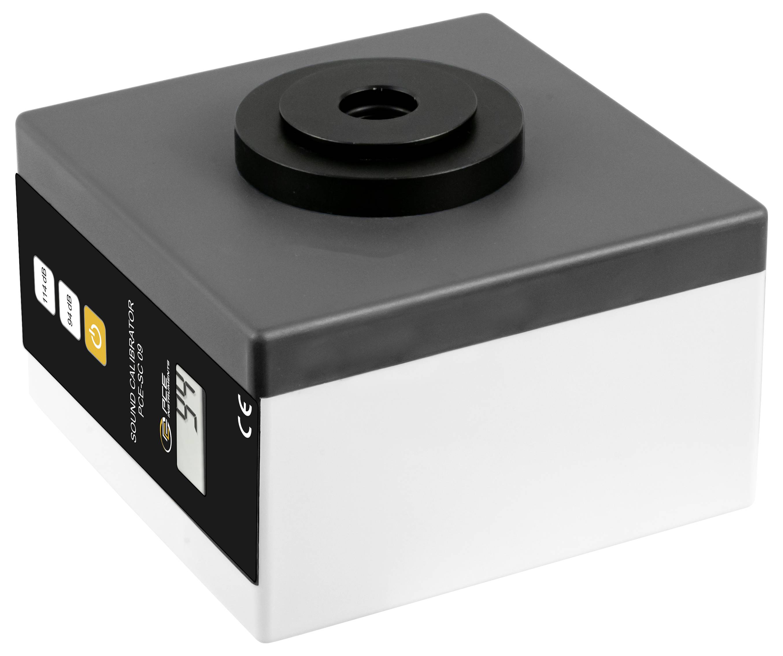 Zwart-zilveren kubusvormige camera- of sensorbehuizing met een ronde lensvatting aan de bovenkant en labelpaneel aan de zijkant, weergegeven op een witte achtergrond.