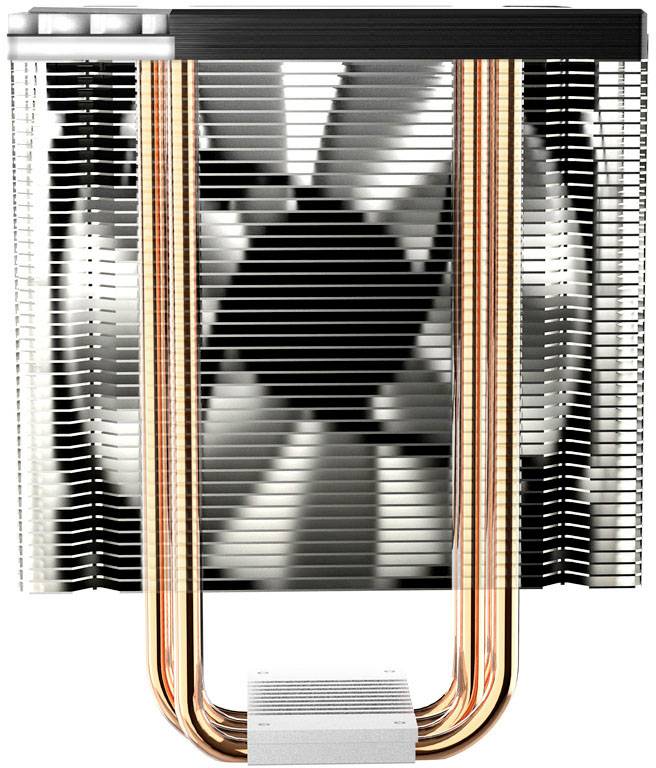 Grote CPU-luchtkoeler met meerdere koperen heatpipes en een grote ventilator, omgeven door aluminium lamellen voor efficiënte warmteafvoer.