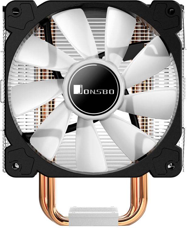 Een CPU-ventilator van Jonsbo met witte vleugels en koperen buizen, ontwikkeld voor de koeling van computerprocessors.