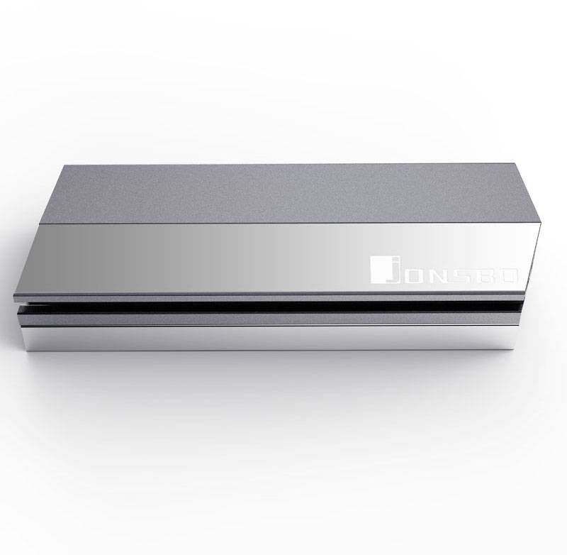 Zilveren pc-koeler van Jonsbo, rechthoekige vorm, metallische oppervlakte, geschikt voor computercomponenten om te koelen.