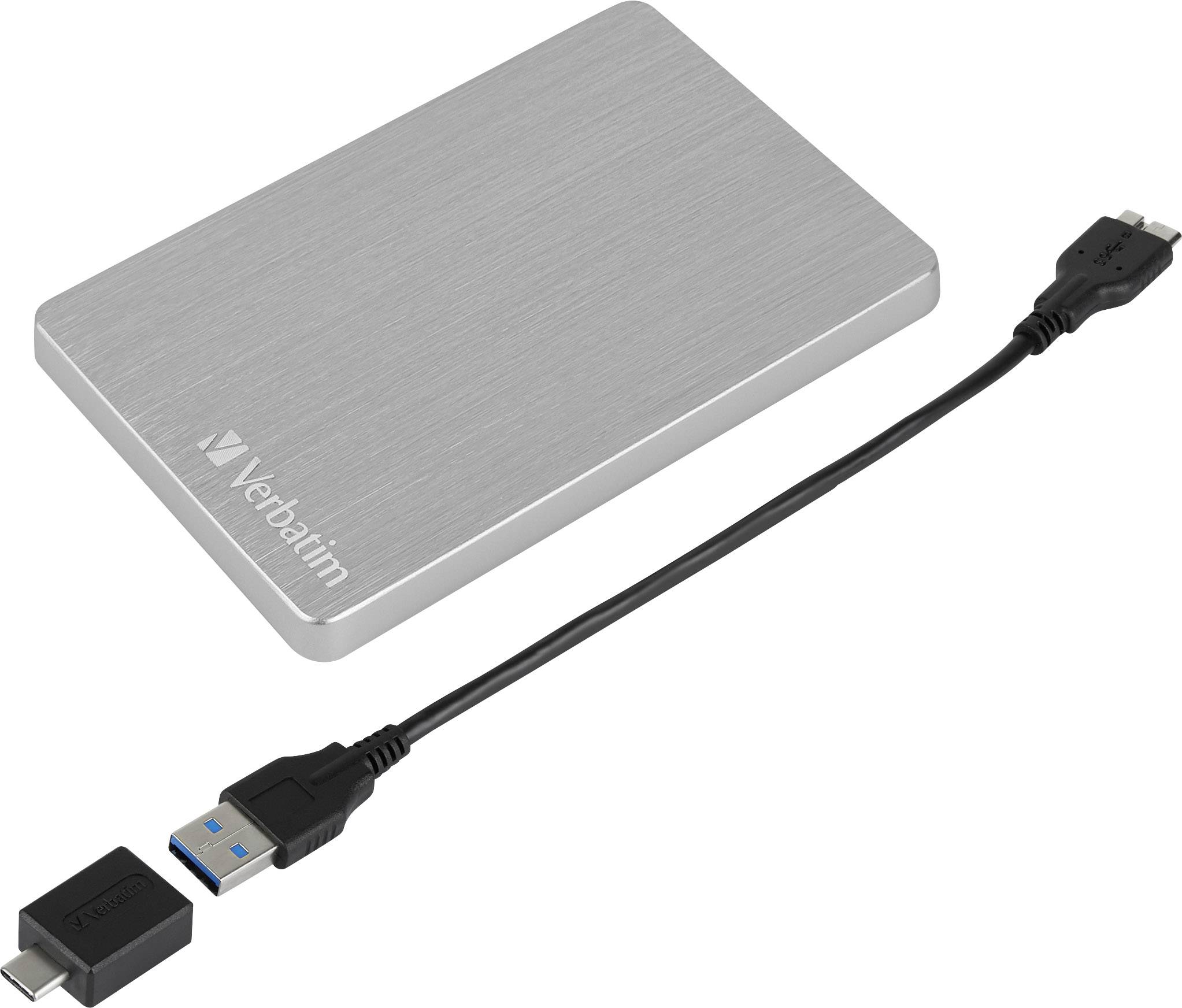 Externe zilveren harde schijf van Verbatim met USB-kabel en adapter. Subtiel, modern design voor gegevensopslag.